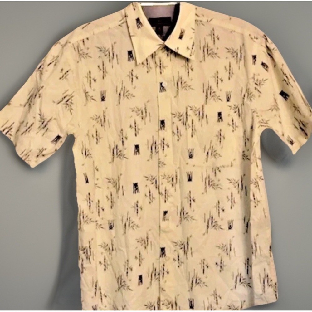VTG Oleg Cassini Mens Shirt M Button Up Short Sleeve Abstract Art Cotton Blend